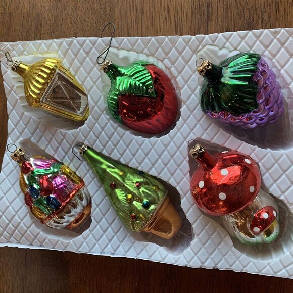 Vintage Kurt Adler Christmas Holiday Glass Ornaments Set 6 Mushroom Strawberry B - Picture 5 of 7